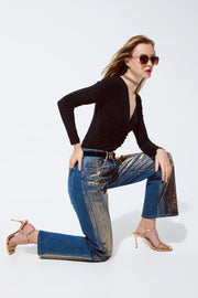 Straight Leg Jeans With Gold Metallic Finish