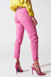 Pink Wrinkled Skinny Jeans