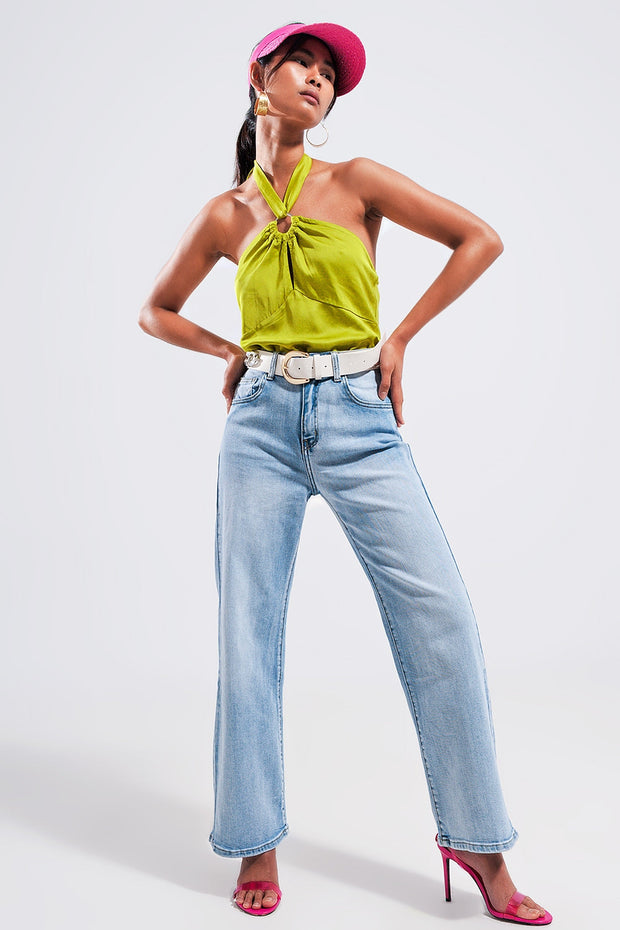 Halter Neck Crop Top With Ring Detail in Lime