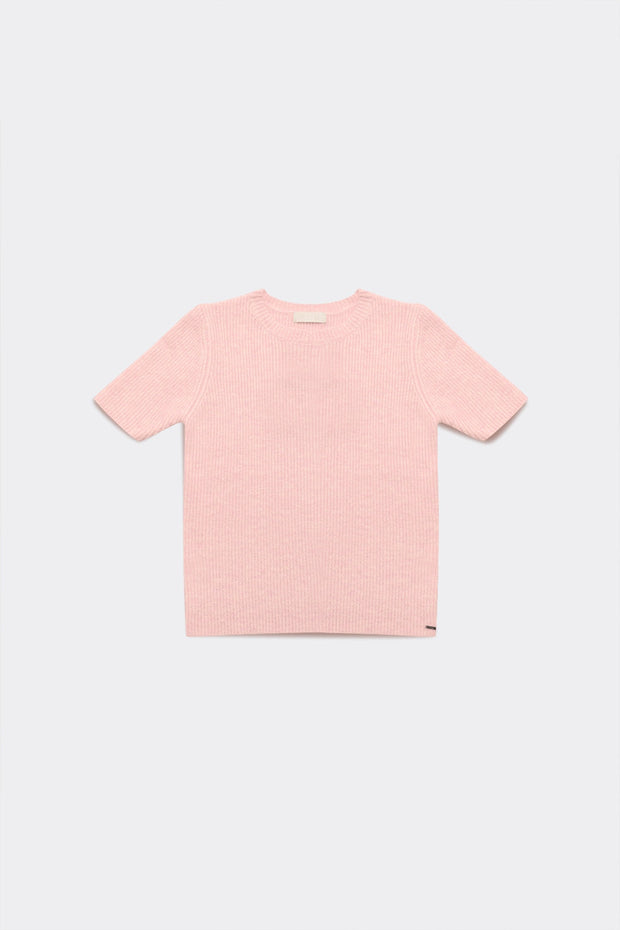 Ribbed Short Sleeve Crop Knitted Top in Pink