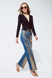 Straight Leg Jeans With Gold Metallic Finish