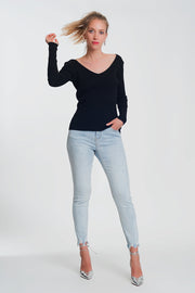 Knitted Jumper in Black With v Back