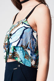 Blue Crop Top With Leaves Print