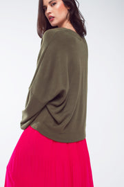 Oversized Olive Green Swearshirt Wth V-Neckline