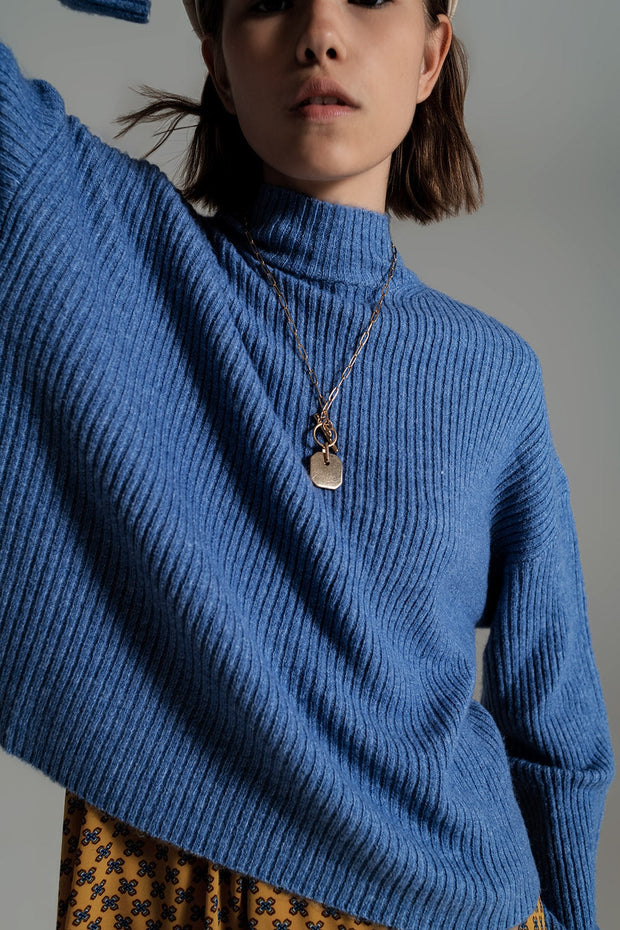 Blue Soft Ribbed Turtleneck Jumper