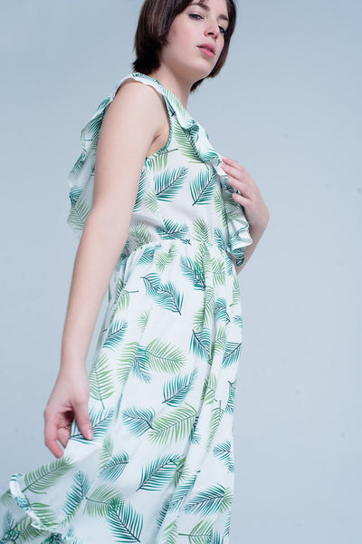 Green Printed Midi Dress With Ruches