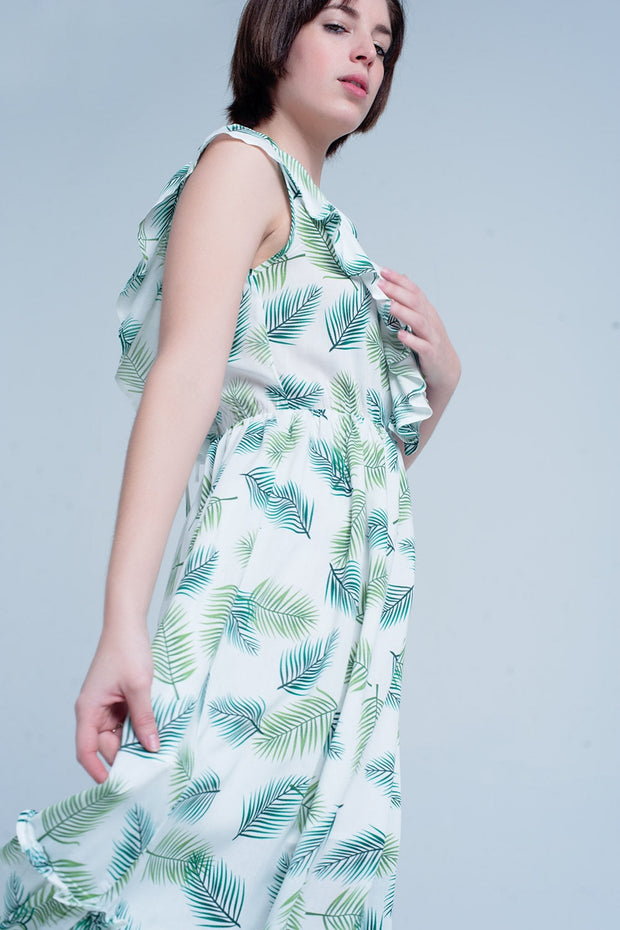 Green Printed Midi Dress With Ruches