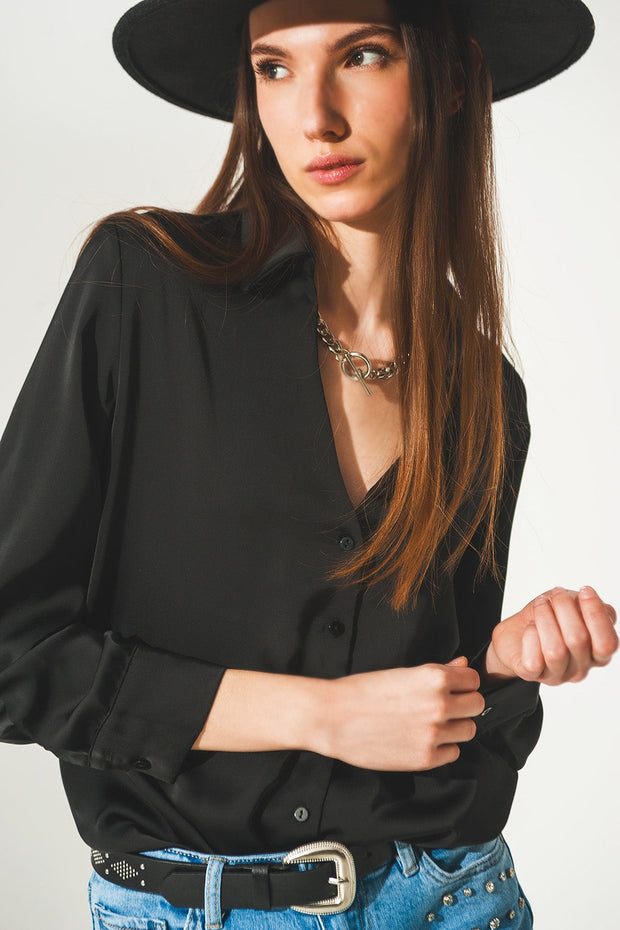 Satin Shirt With v Neck in Black