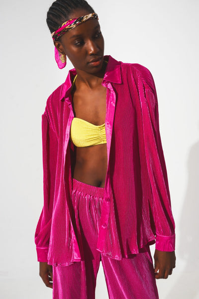 Relaxed Pleated Satin Shirt in Fuchsia