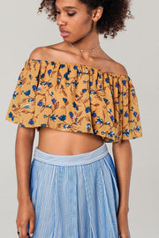 Off Shoulder Floral Crop Top in Mustard