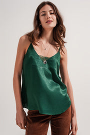 Lace Insert Satin Cami Top in Green