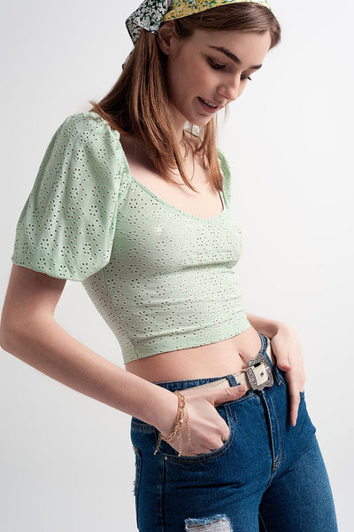 Green Short Top in Batiste Fabric With Puffed Sleeves