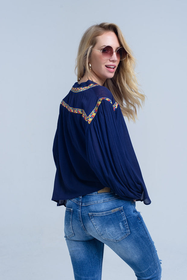 Embroidered Navy Blouse