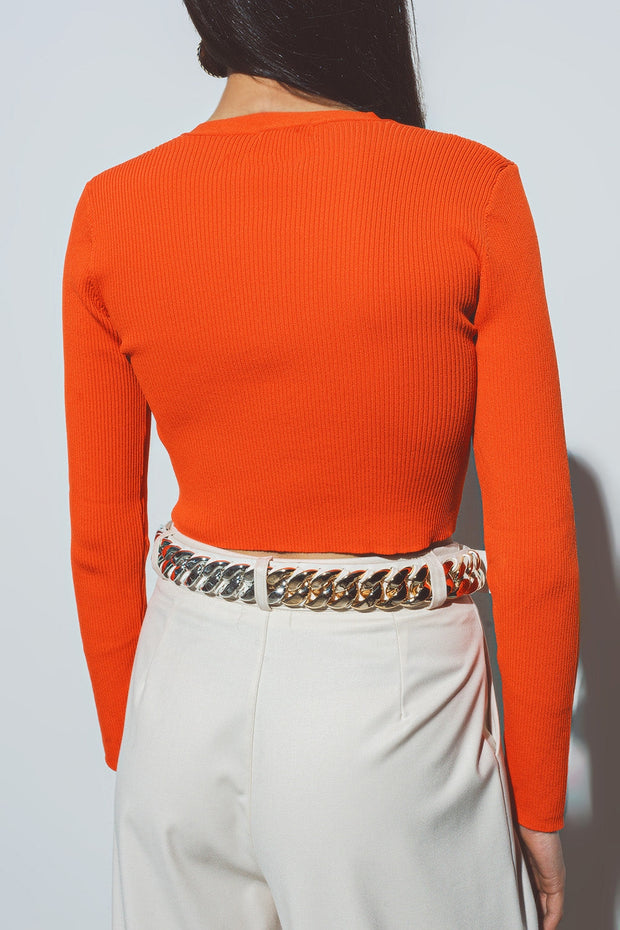 Short Ribbed Cardigan in Orange