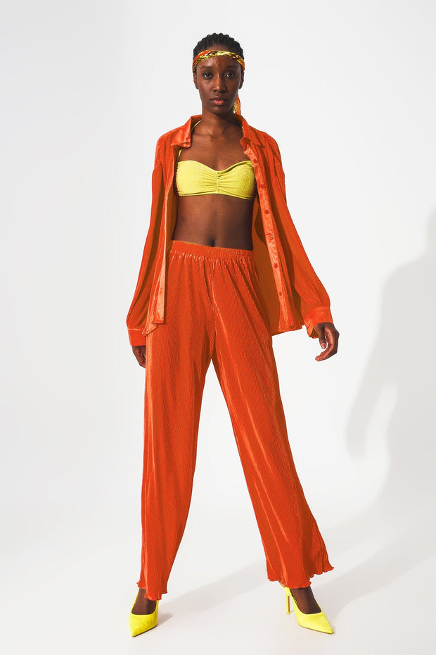 Satin Pleated Wide Leg Pants in Orange