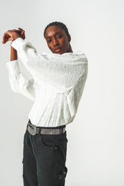 White Textured Blouse With Balloon Sleeves