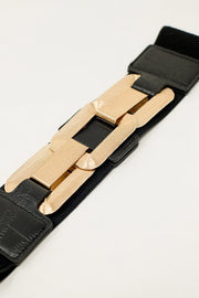 Black Elastic Belt With Triple Metal Buckle