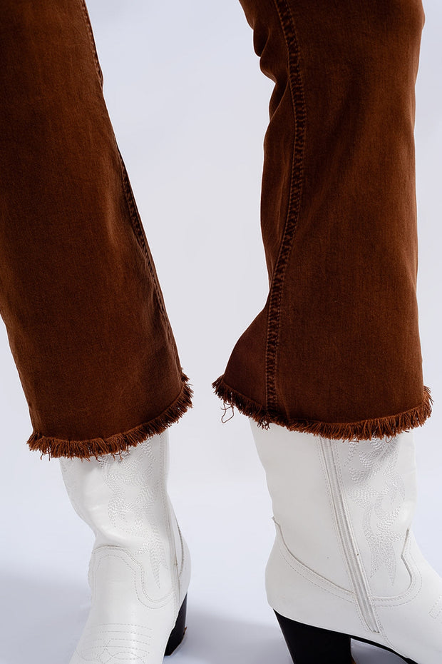 High Rise Raw Hem Flared Jeans in Brown