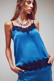 Cami Top With Lace Detail in Blue and Black Polka Dot