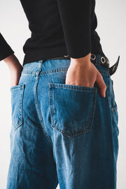 Cotton Skater Tapered Carpenter Jeans in Mid Wash