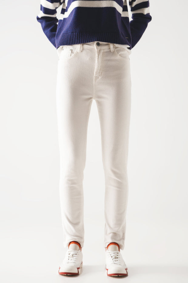 Elastic Cotton Skinny Cord Pants in Cream