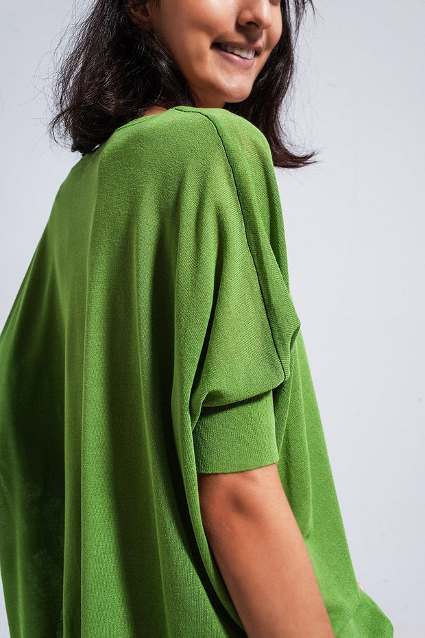 Short Sleeve Sweater in v Neck in Green