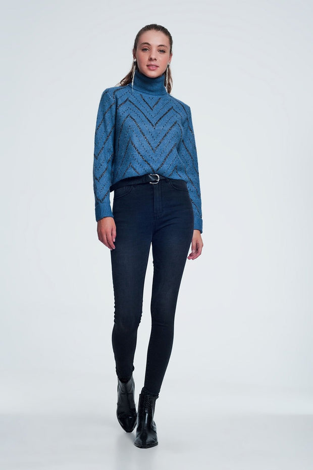 Woven Blue Turtleneck Sweater