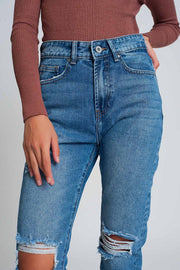 High Waist Mom Jeans With Ripped Knees in Dark Wash Blue