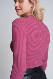 Fine Gauge High Neck Sweater in Fuchsia