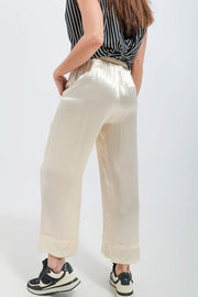 Satin Wide Leg Suit Pants in Cream