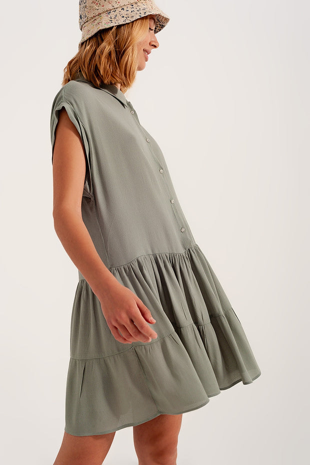 Tiered Hem Shirt Dress in Green