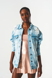 Distressed Denim Jacket With Belt in Light Wash