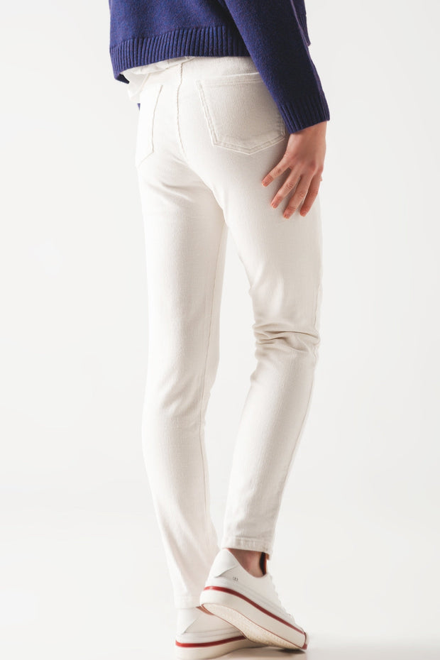 Elastic Cotton Skinny Cord Pants in Cream