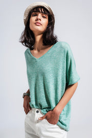 Short Sleeve Jumper in v Neck in Green