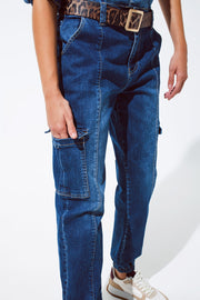 Cargo Style Jeans With Seam Down the Front in Medium Wash