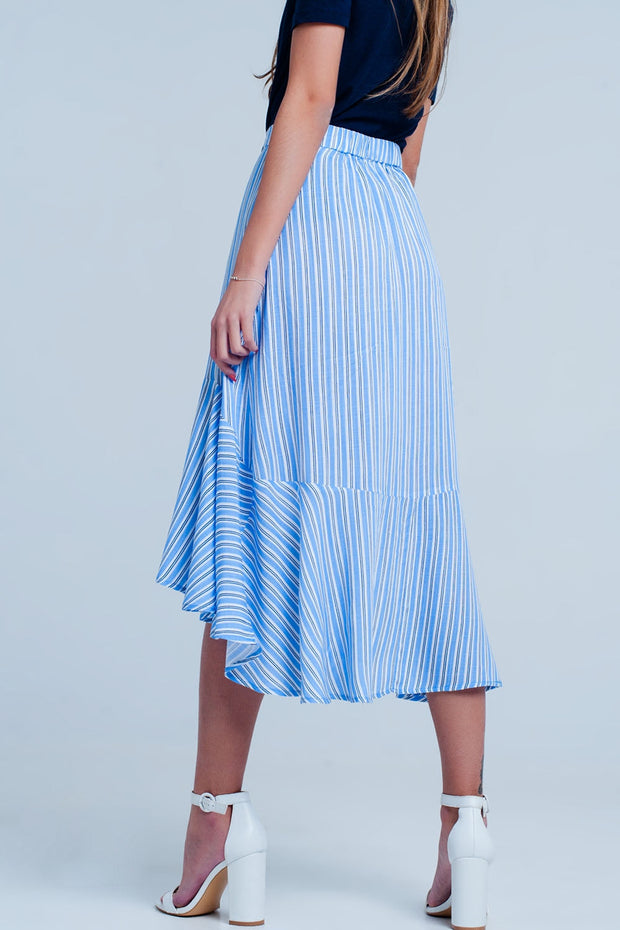 Blue Stripe Asymetric Hem Midi Skirt