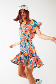 Belted Mini Shirt Dress With Floral Print in Orange