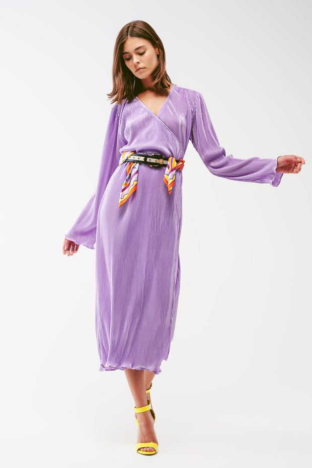 Satin Wrap Detail Pleated Dress in Lilac