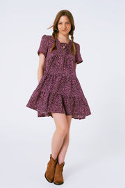 Short Sleeve Baby Doll Dress With Neck Detail in Purple Leopard Print