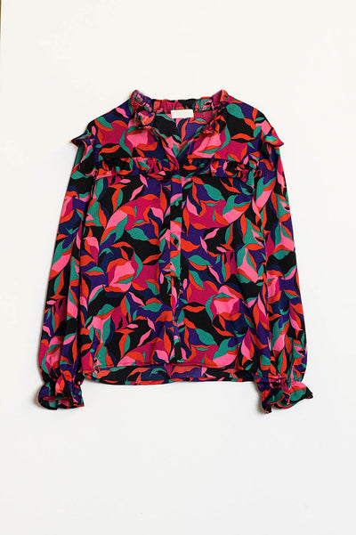 Shirt With Frilly Details at Neck and Cuffs in Colorful Abstract Leaf Print