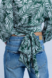 Green Leaf Print Blouse With Plunge Neck