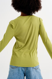 Long Sleeve Top With Shoulder Detail in Green
