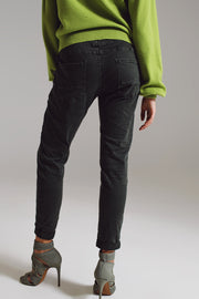 Skinny Jeans With Visible Buttons in Military Green