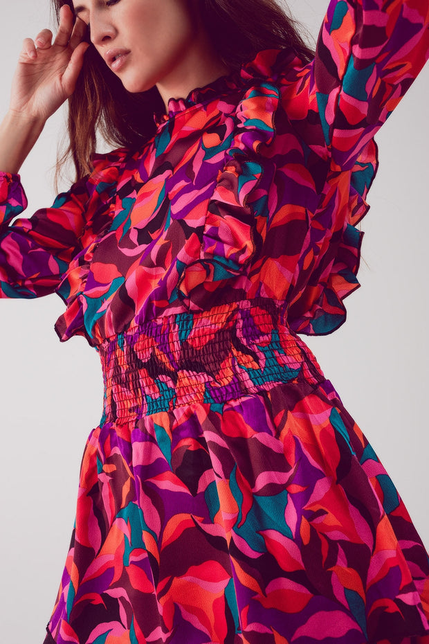 Layered Frill Mini Dress in Fucshia Floral