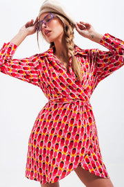 Button Front Tie Waist Printed Dress in Red