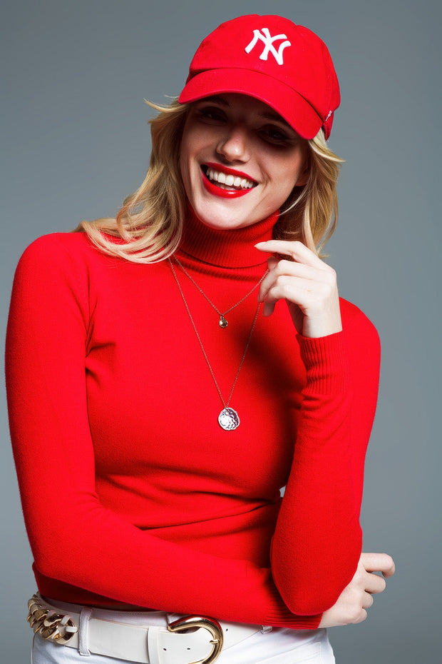 Fine Knit High Neck Jumper in Red