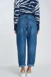 High Waisted Mom Jeans With Two Ruffles in the Waistline in Dark Wash Blue