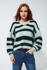 Oversized Green Stripy Fluffy Sweater With Balloon Sleeves