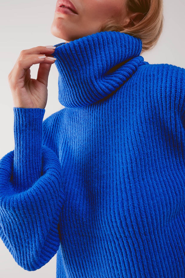 Blue Ribbed Knit Turtleneck Jumper With Balloon Sleeves