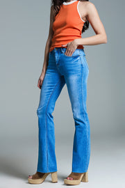 Regular Waist Skinny Jeans With Flared Legs in Light Wash